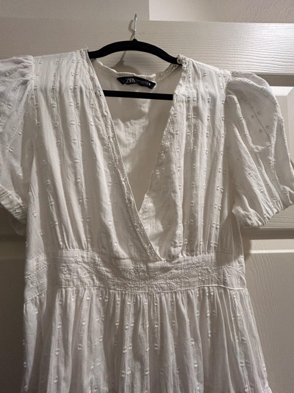 Zara White Cotton Short Sleeve Mini Dress Lace Trim - Picture 7 of 11